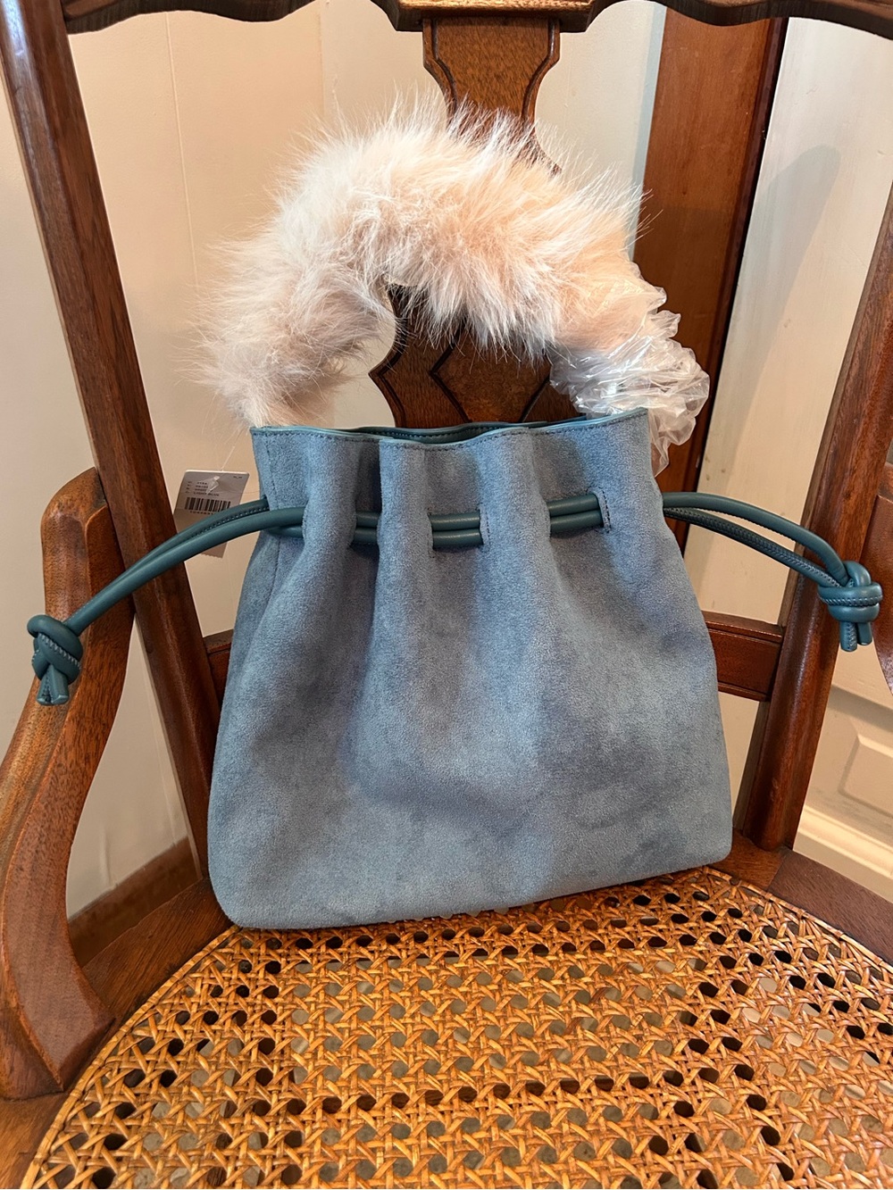 Anthropologie Faux Suede Drawstring Cinch Bag with Faux Fur Handle - Dusty Blue